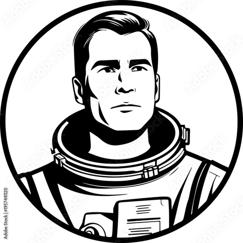 Hand Drawn Male Astronaut Black and White Avatar Illustration in Minimal Line Art Style Design
