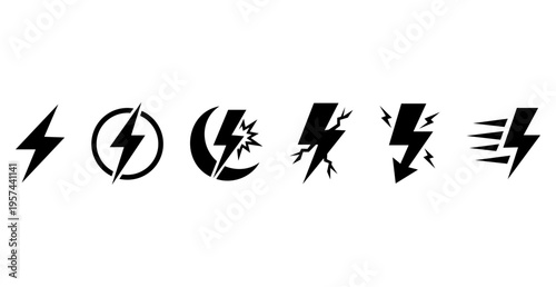 Set of Electric Lightning Bolt Icons and Thunderbolt Symbols - Flat Vector Silhouette Flash Light Signs for Power and Energy Logo Design