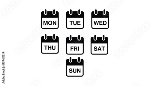 Calendar icon set with days of the week in black and white
