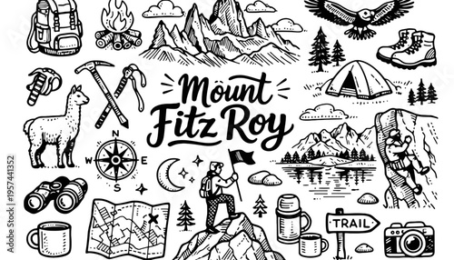 Mount Fitz Roy illustration with various hiking and camping icons and symbols