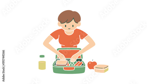 A cartoon boy preparing a healthy lunch in a green lunchbox