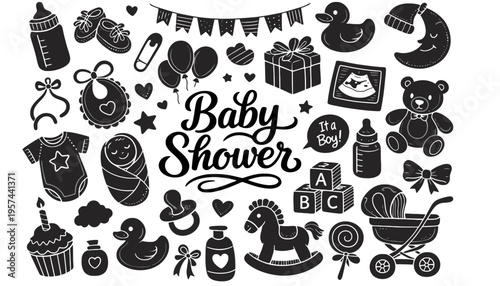 Baby shower vector illustration with various baby items and decorations