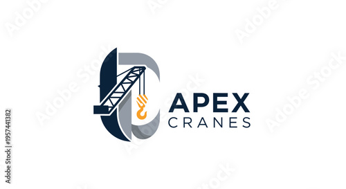 Stylized crane graphic with hook and boom in dark blue, grey, and yellow, representing heavy lifting, construction, and industrial services.