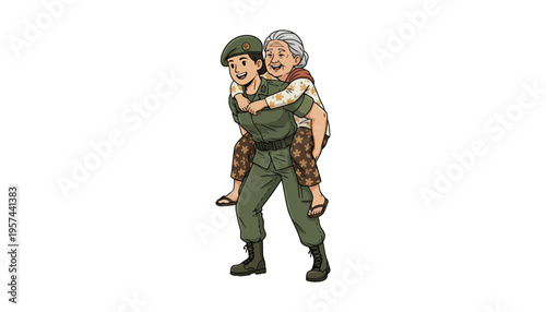 Soldier carrying an elderly woman in a playful cartoon illustration style