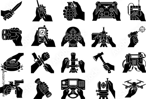 Military Tactical Equipment and Survival Gear Icons Silhouette Set