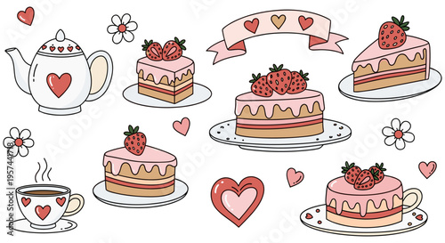 Whimsical strawberry cakes and tea set in pastel pink and red heart decorations for Valentines Day