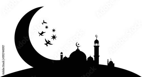 Islamic mosque silhouette with crescent moon, stars, and flying birds, symbolizing celebration, spirituality, and peace