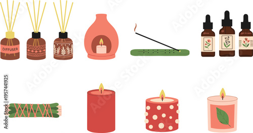 Aromatherapy Set with Candles Diffusers Essential Oils and Incense, Relaxation and Wellness Collection for Spa, Meditation, and Home Fragrance Illustration