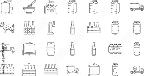 Line Art Icons of Dairy and Beer Industry Equipment, Milk Cartons, Cows, Beer Bottles, Kegs, Taps, Trucks, and Beverage Production Distribution Elements
