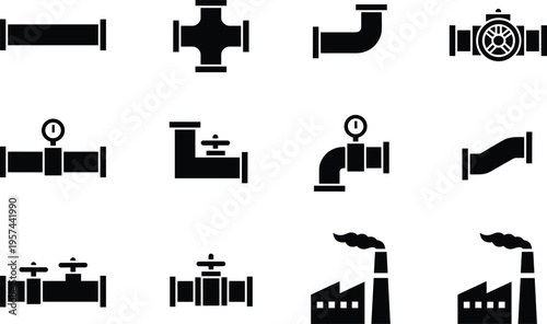 Industrial plumbing pipe icons set with factory buildings, valves, connectors, gauges, turbines, and fittings for engineering, manufacturing, construction, and infrastructure design illustrations