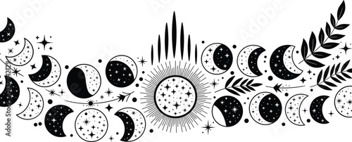 Boho celestial border illustration featuring moon phases stars sun and botanical leaves for mystical stationary witchy branding and spiritual magic themed graphic design