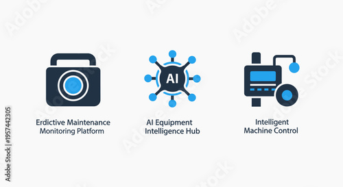 Industry 4.0 icons: predictive maintenance, AI hub, intelligent machine control