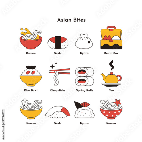 Asian Bites stylized icons featuring ramen, sushi, gyoza, bento box rice bowl, chopsticks, spring rolls and tea illustrations