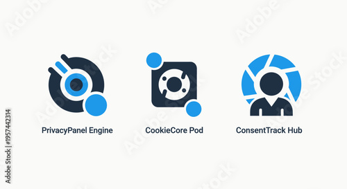 Cookie consent and privacy icons: panel, hub, and tracking technology