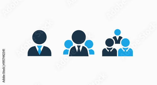 Corporate team and organizational structure icons: individual employees, small workgroups, and large business management teams representation