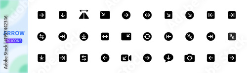A pack of 30 solid glyph icons for navigation and media. Features clean download, refresh, and directional symbols, perfect for intuitive mobile app and web UI/UX design.