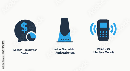 Set of icons for secret recovery system, voice biometric authentication, and user interface technology in blue