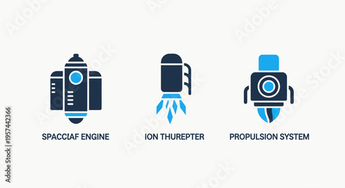 Blue icons for space engine, ion thruster, and propulsion system technology concepts vector illustration set