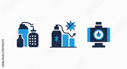 Chemical processing and industrial analytics icons featuring bottles, graphs, and monitoring displays in blue