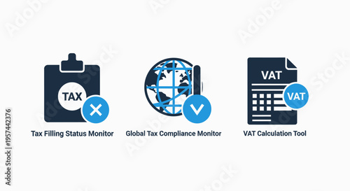 Financial icons set for tax filing, global compliance, and vat calculation tools in blue and dark tones