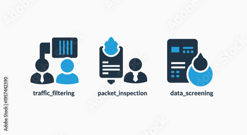Network security icons: traffic filtering, packet inspection, and data screening for digital protection