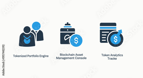 Financial technology icons: tokenized portfolio engine, blockchain asset management, and analytics trader concepts