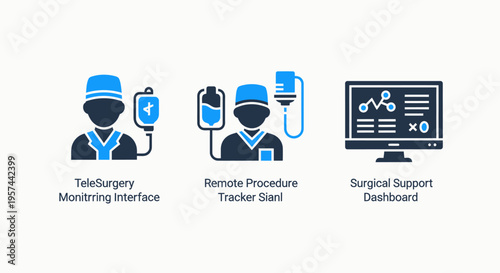 Digital medical icons: e-surgery, remote intervention, and expert dashboard for healthcare technology