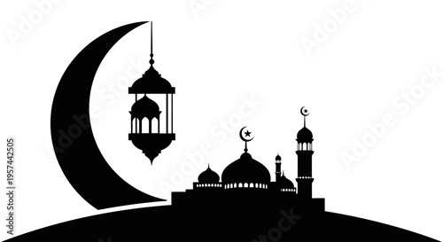 Elegant Islamic Celebration Silhouette with Mosque, Crescent Moon, and Traditional Lantern - Perfect for Ramadan and Eid Mubarak Greetings