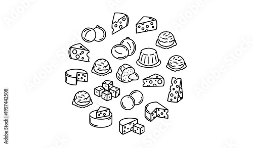 Circular cheese outline icon collection with parmesan mozzarella ricotta dairy symbols editable stroke vector design