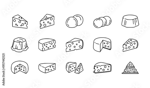 Cheese flat line icon set with parmesan mozzarella ricotta dairy outline symbols editable stroke for web and UI design