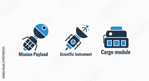 Space mission payload, scientific instrument, and cargo module icons for aerospace, exploration, and science technology concepts