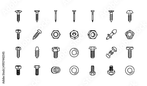 Scattered fastener vector icons with screws bolts nuts rivets nails in flat line style isolated on white background