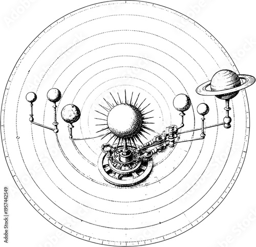 Vintage Orrery Top View Illustration – Solar System Engraving Diagram on White Background