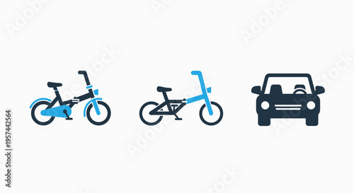 Collection of transport vehicle icons featuring a folding bicycle, bmx bike, and car, representing urban mobility, personal travel, and various forms of transportation
