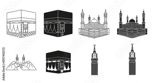 Elegant collection of black and white vector icons showcasing significant Islamic religious architecture, featuring the revered Kaaba, grand mosques, and towering minarets
