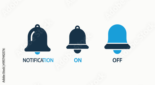 Set of bell notification icons illustrating alert states, on and off toggles for digital services, app settings, and system messages in a clean graphic design