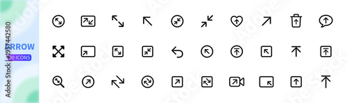 A collection of 30 clean line-art arrow icons. Features essential symbols for navigation, expansion, and media controls. Perfect for creating intuitive UI/UX designs for apps and websites.