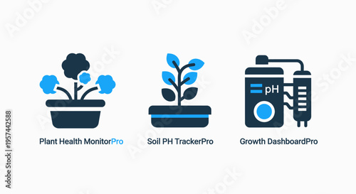 Set of scientific and agricultural icons for plant health monitoring, soil ph tracking, and growth development systems, representing modern botany and environmental tech