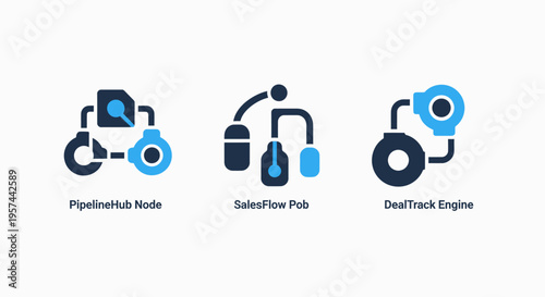 Conceptual icons for industrial processes, engineering infrastructure, and technological systems, representing nodes, hubs, and engines in modern manufacturing and development