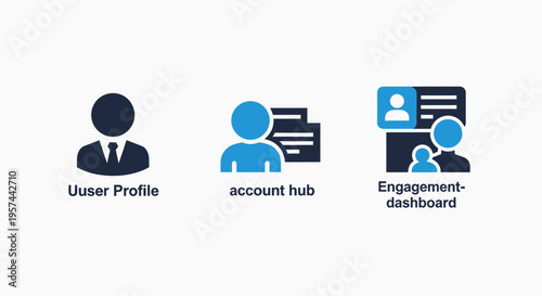 User profile, account hub, and engagement dashboard icons - digital identity management and customer interaction analytics