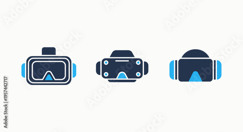 Modern virtual reality headset icons set for digital goggles, metaverse, and future technology concepts in flat vector style