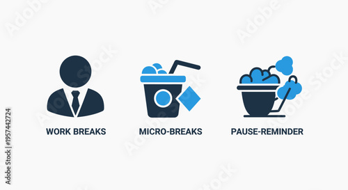 Work break and relaxation icons set - coffee cup, person, and plant symbols for employee wellness and office productivity concepts