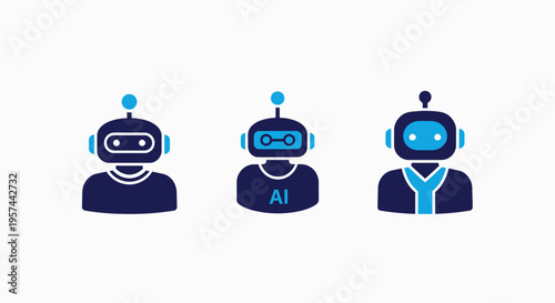 Artificial intelligence robot head icons set - modern AI and machine learning symbols for future technology concepts