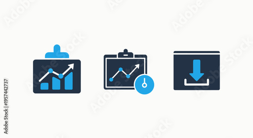 Business data analytics and reporting icons - bar charts, line graphs, and download symbols for performance monitoring