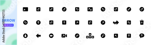 A collection of 30 bold arrow icons for intuitive navigation. Featuring solid glyphs for UI design, media controls, and directional cues. Ideal for mobile apps and modern web interfaces.