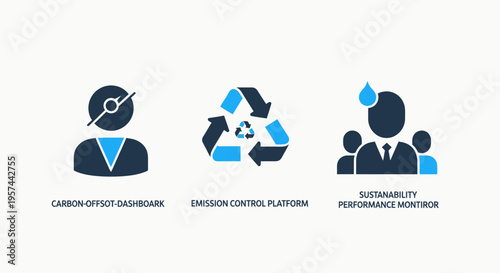 Collection of digital icons representing user restriction, recycling indicator, and customer service relations for business concepts