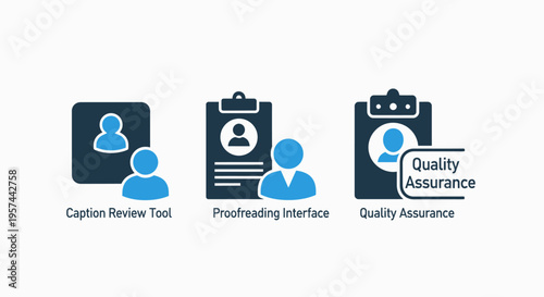 Digital workflow icons for caption review, proofreading interface, and quality assurance processes in business administration and human resources