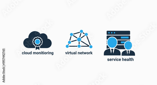 Digital vector icons illustrating cloud monitoring, virtual network infrastructure, and service health status for it management