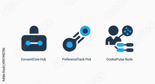 Digital vector icons showcasing inventory management, interconnected reference objects, and linked code artifacts for systems development