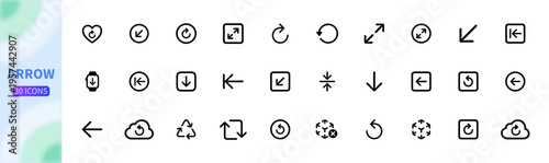 A pack of 30 versatile arrow icons for seamless navigation. Features clean line-art for UI/UX, cloud sync, and directional symbols. Perfect for modern apps and web projects